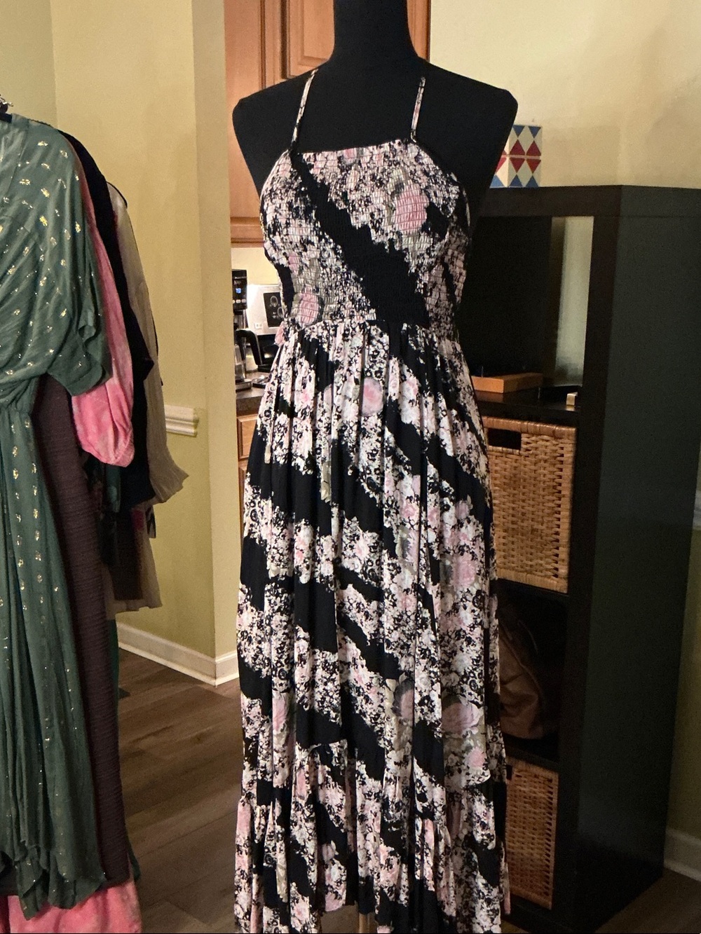 Free People Black & Pink Floral Maxi Dress with Spaghetti Straps
